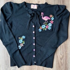 Black Embroidered Flamingo Tie-Neck Cardigan Sweater - Pink & Blue Accents